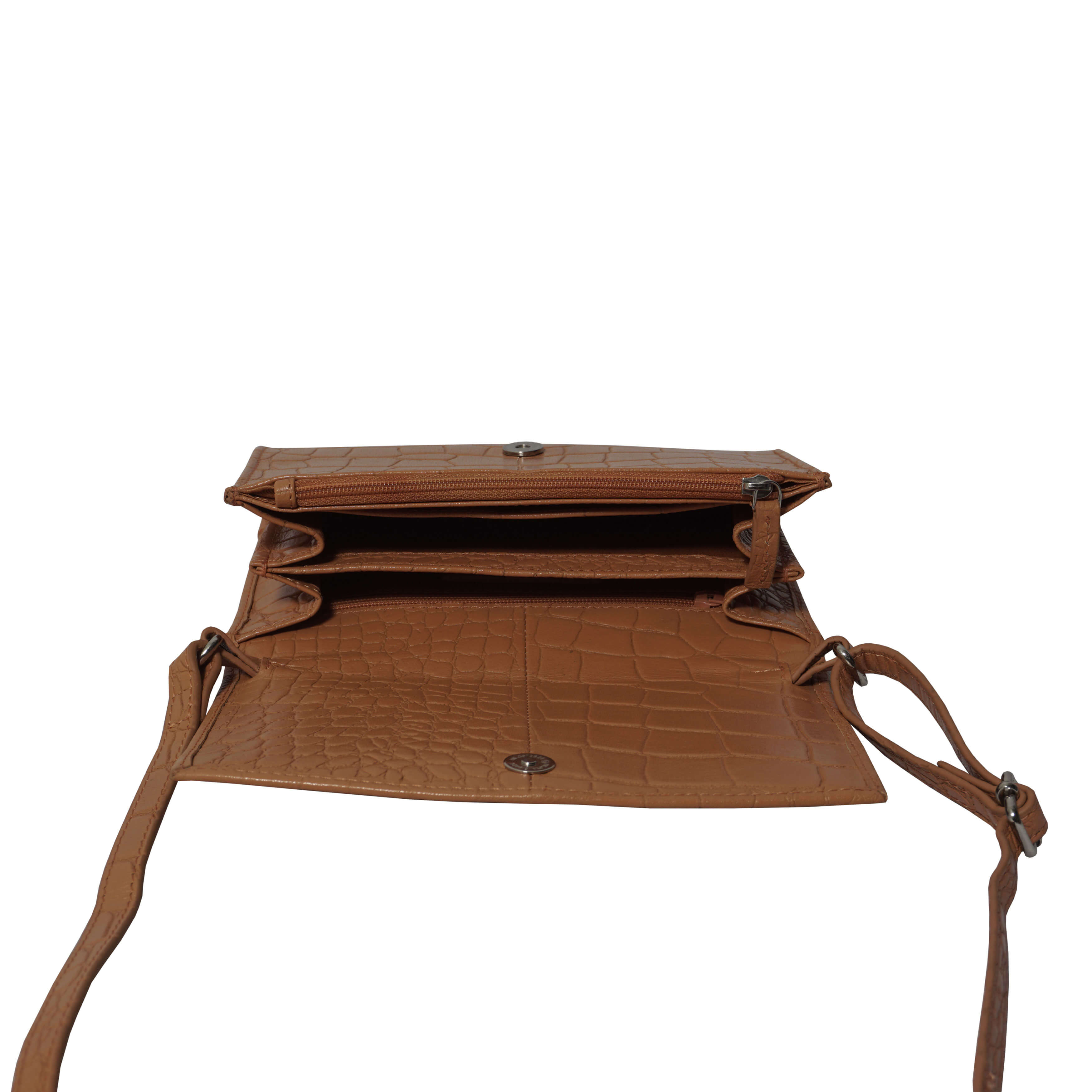 'MATILDA' Rust Croc Designer Leather Organiser Flap Over Crossbody Bag