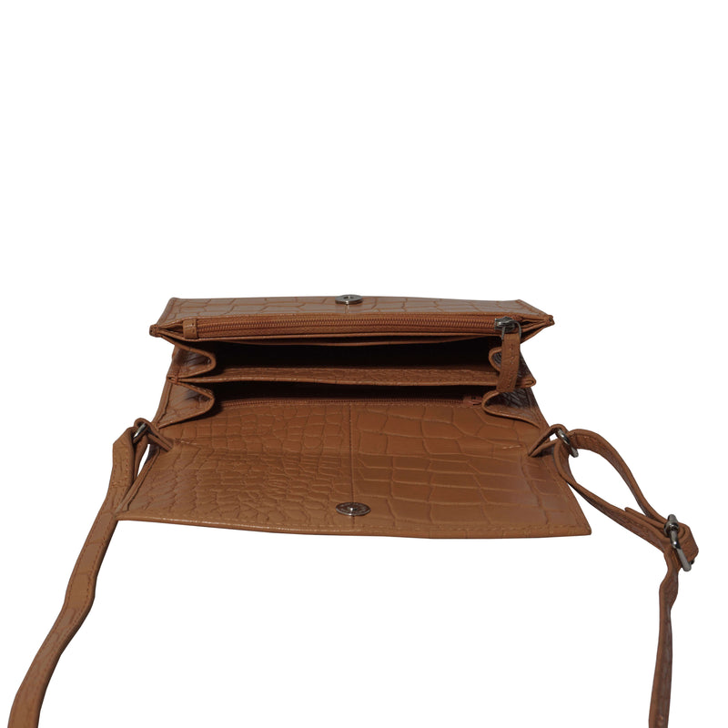 'MATILDA' Rust Croc Designer Leather Organiser Flap Over Crossbody Bag