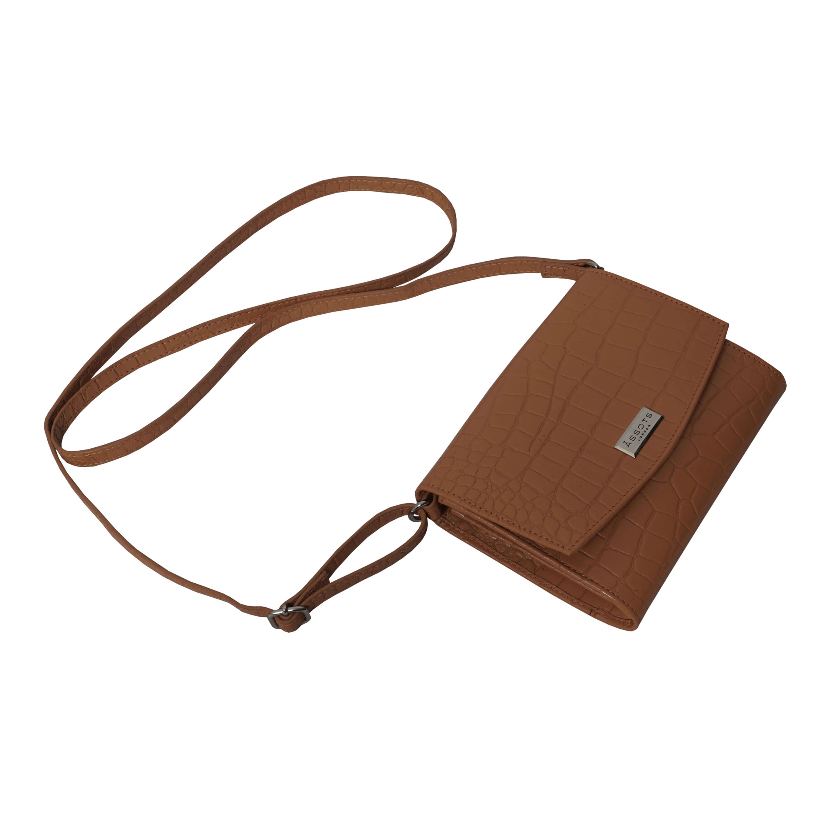 'MATILDA' Rust Croc Designer Leather Organiser Flap Over Crossbody Bag