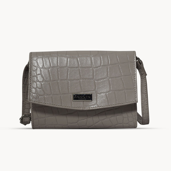 'MATILDA' Ice Grey Croc Designer Leather Organiser Flap Over Crossbody Bag