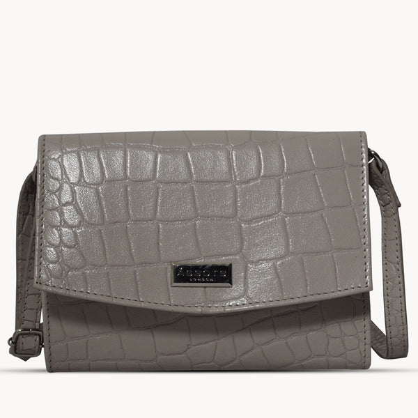 'MATILDA' Ice Grey Croc Designer Leather Organiser Flap Over Crossbody Bag