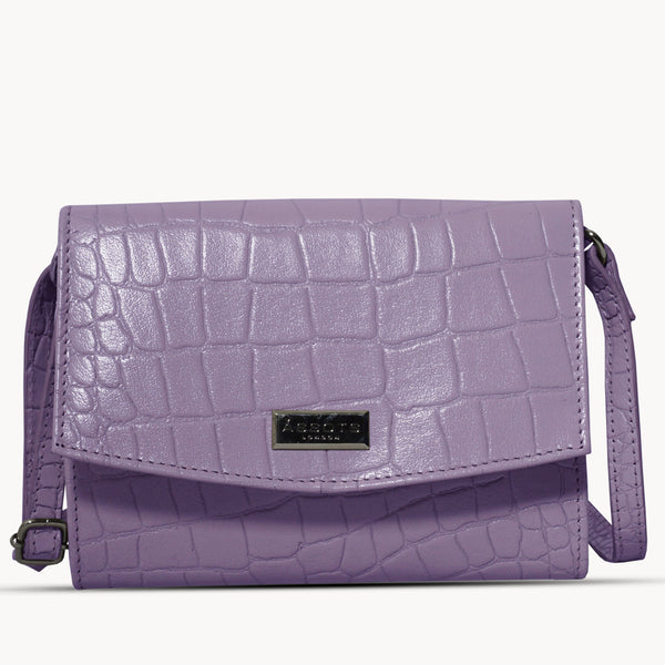'MATILDA' Lilac Croc Designer Leather Organiser Flap Over Crossbody Bag