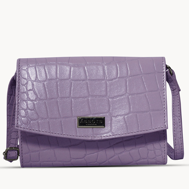 'MATILDA' Lilac Croc Designer Leather Organiser Flap Over Crossbody Bag