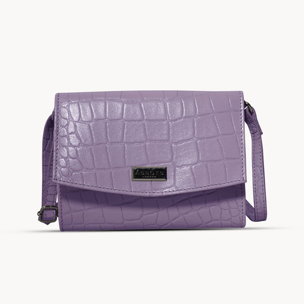 'MATILDA' Lilac Croc Designer Leather Organiser Flap Over Crossbody Bag