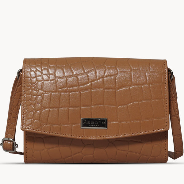 'MATILDA' Rust Croc Designer Leather Organiser Flap Over Crossbody Bag