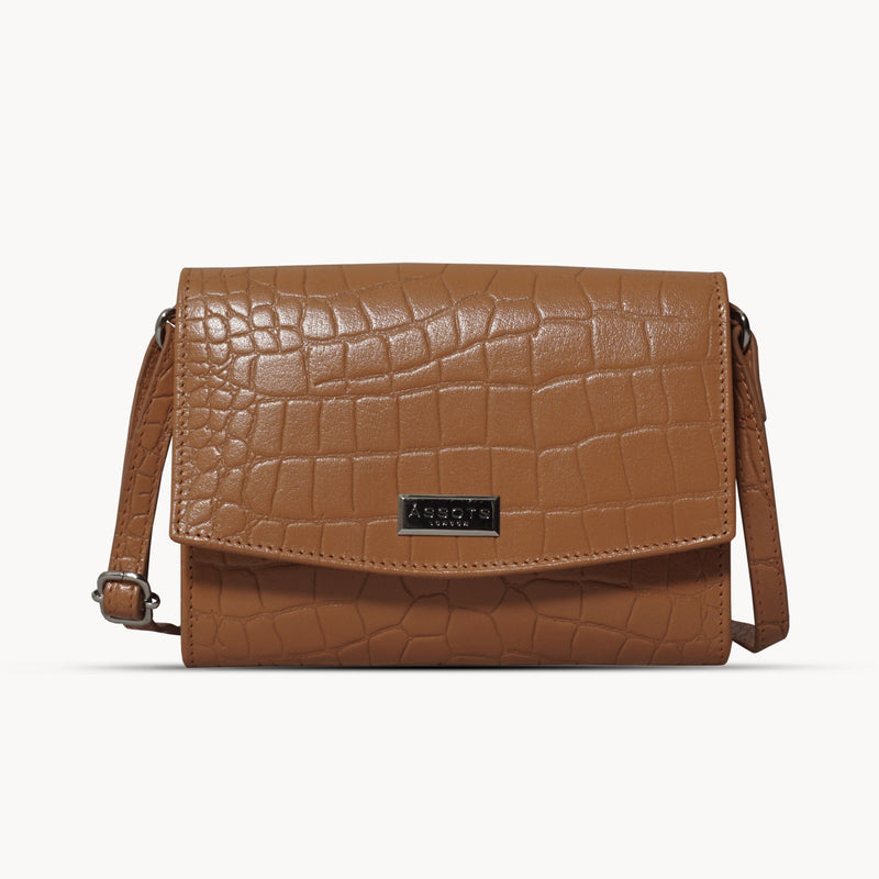 'MATILDA' Rust Croc Designer Leather Organiser Flap Over Crossbody Bag