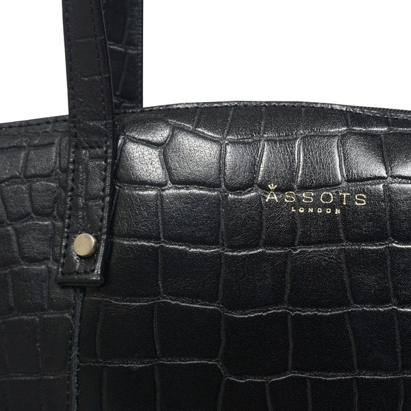 'MELANIE' Black Croc Real Leather Unlined Bucket Bag