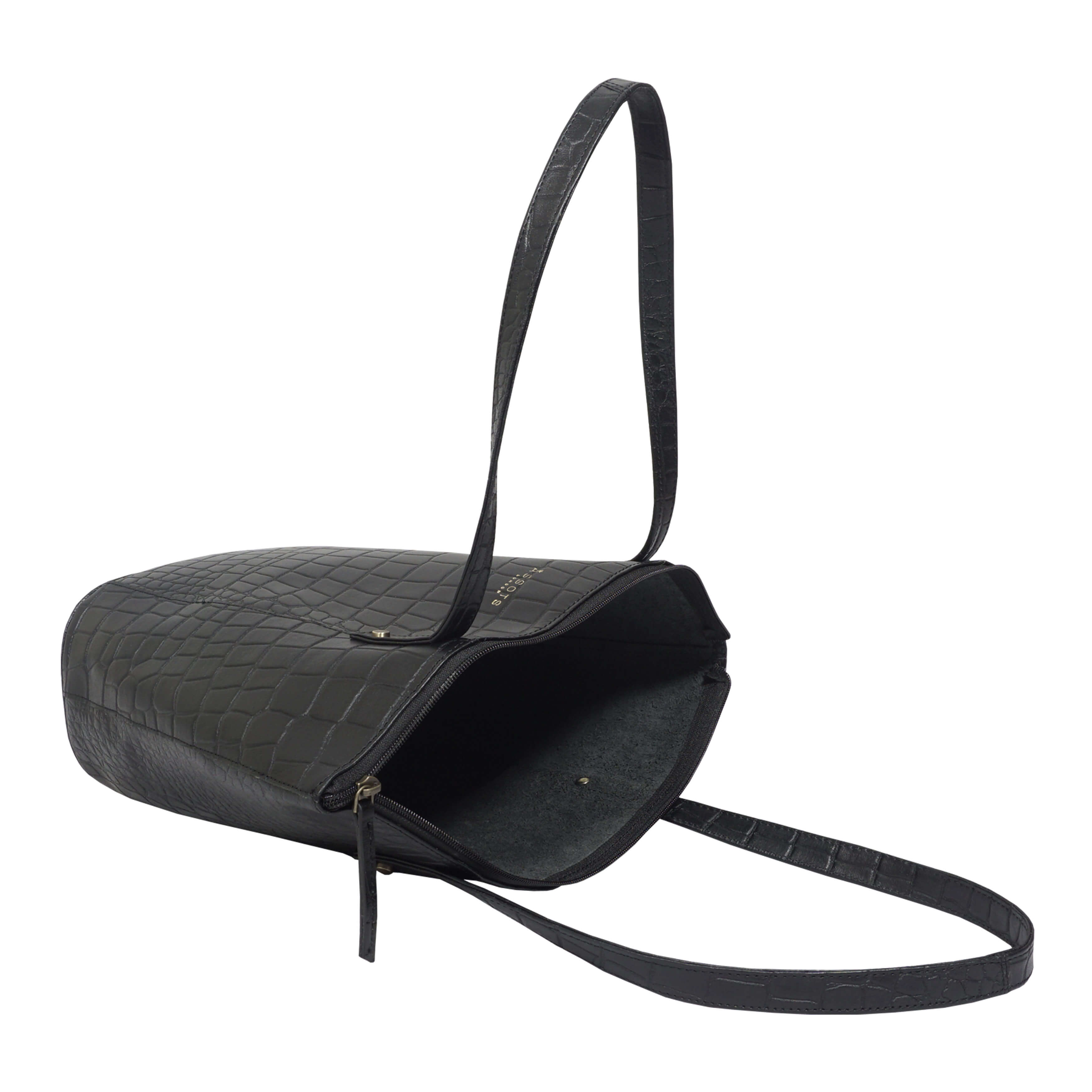 'MELANIE' Black Croc Real Leather Unlined Bucket Bag