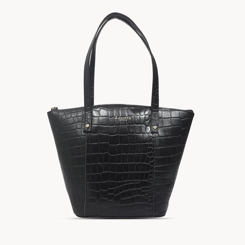 'MELANIE' Black Croc Real Leather Unlined Bucket Bag