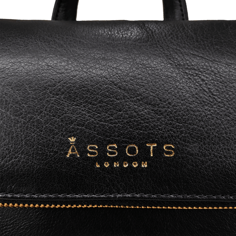 'MERLIN' Black Full Grain Leather Zip Around Flap-over Backpack