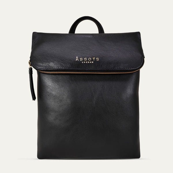'MERLIN' Black Full Grain Leather Zip Around Flap-over Backpack