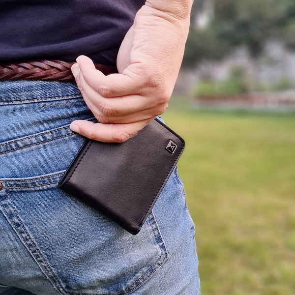 'MIKE' Black Full Grain Real Leather Compact Design Bifold Wallet