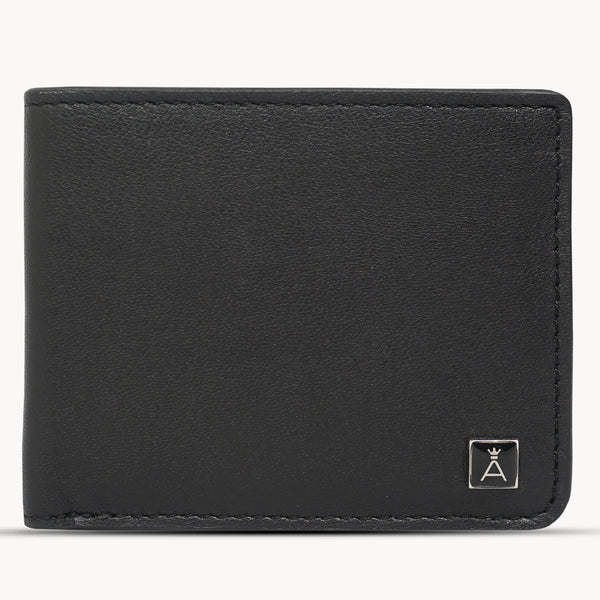 'MIKE' Black Full Grain Real Leather Compact Design Bifold Wallet
