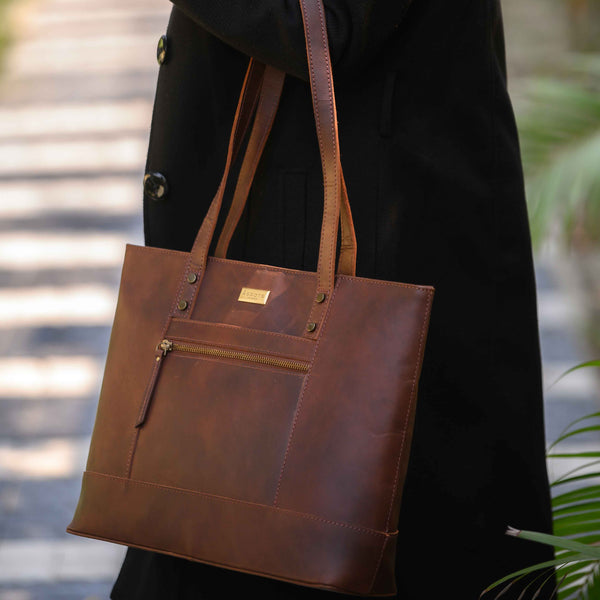 'MILLIE' Brown Oily Chestnut Real Leather Designer Tote Work Bag