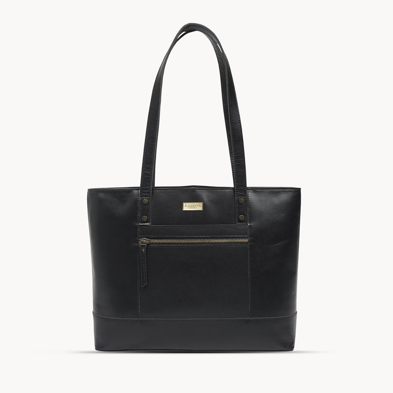 'MILLIE' Black Polished VT Real Leather Designer Tote Work Bag