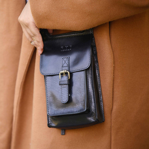 'MYLA' Black Real Leather Mobile Phone Crossbody Bag