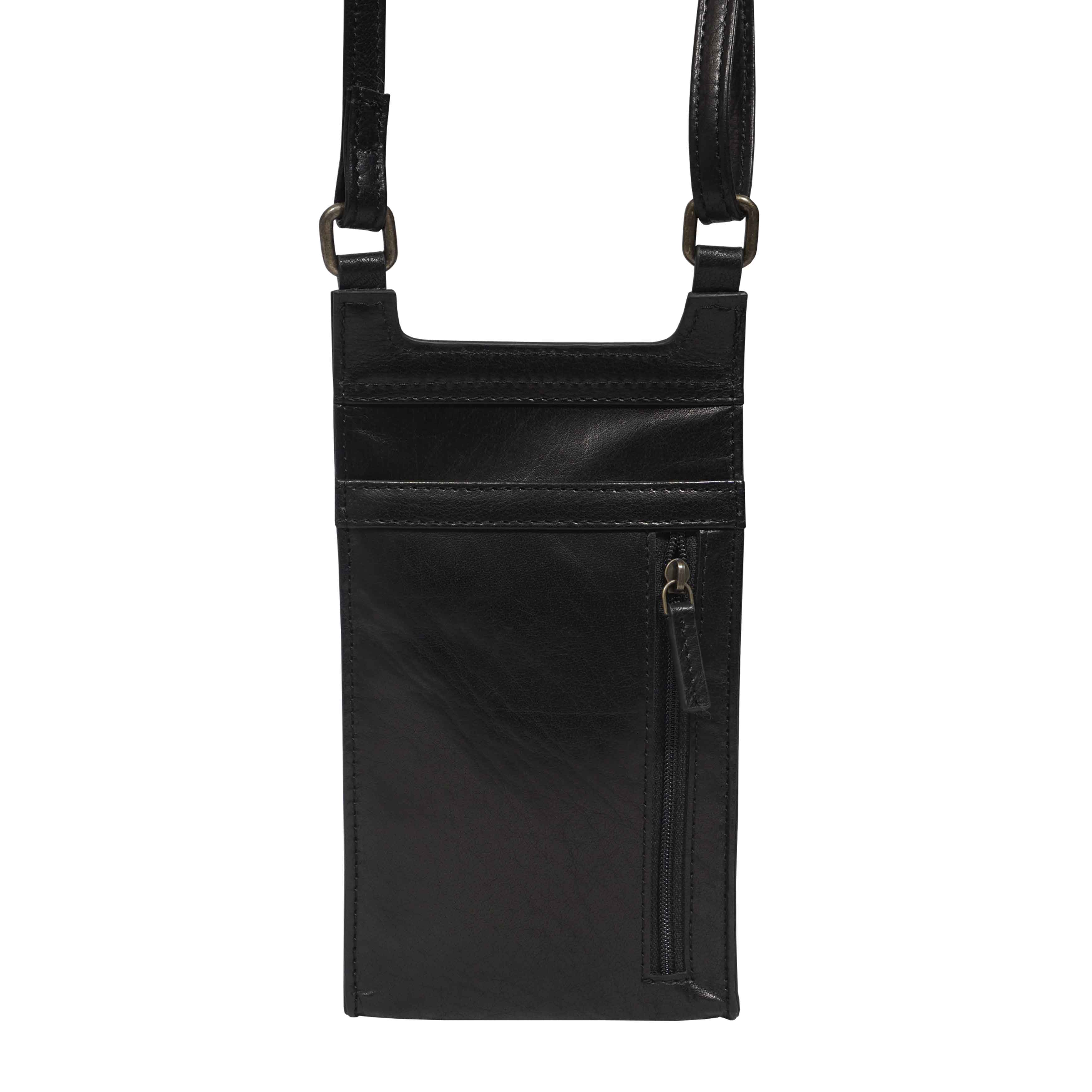 'MYLA' Black Real Leather Mobile Phone Crossbody Bag