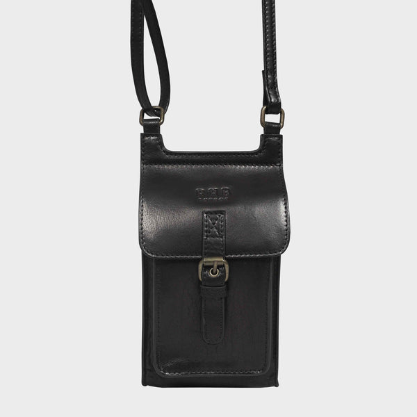 'MYLA' Black Real Leather Mobile Phone Crossbody Bag