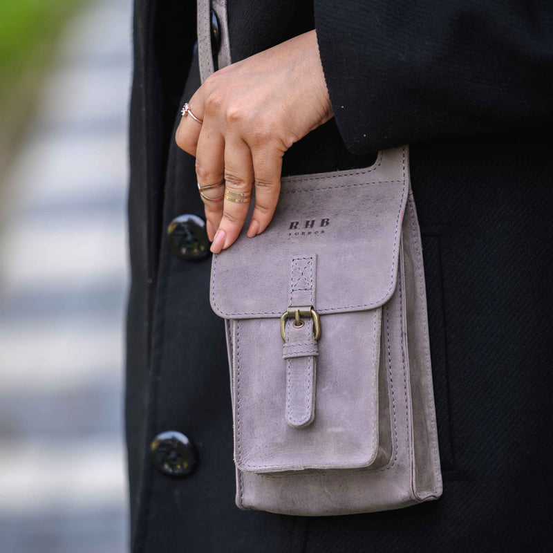 'MYLA' Grey Distressed Real Leather Mobile Phone Crossbody Bag