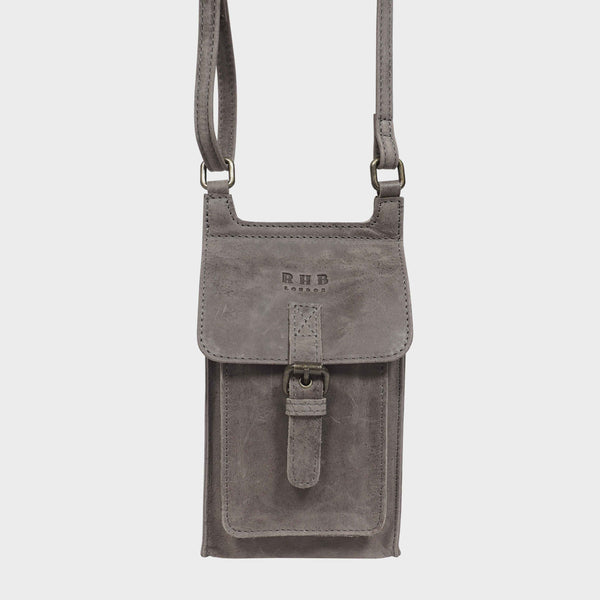 'MYLA' Grey Distressed Real Leather Mobile Phone Crossbody Bag