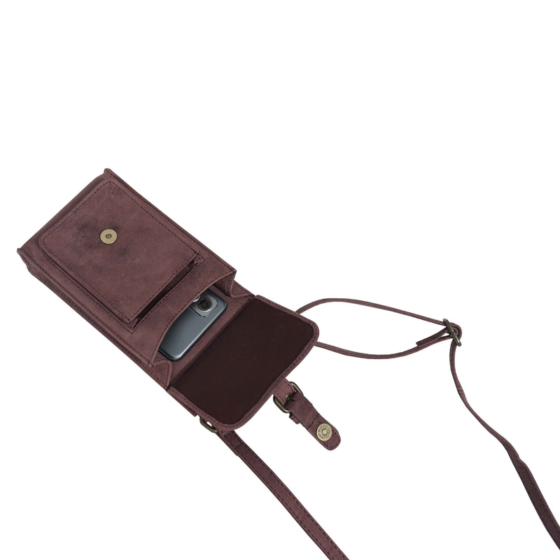 'MYLA' Plum Distressed Real Leather Mobile Phone Crossbody Bag