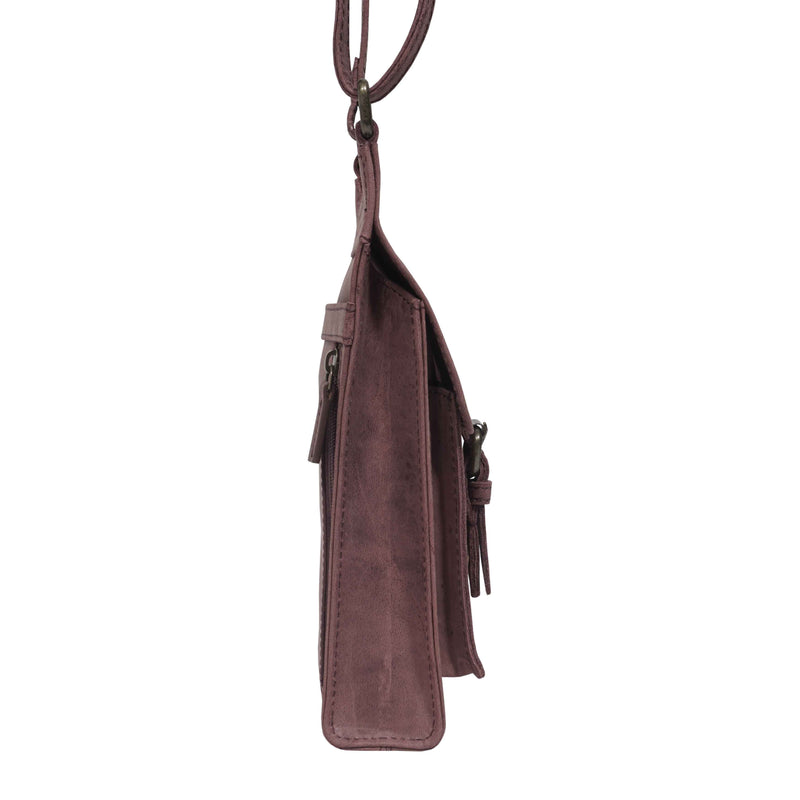 'MYLA' Plum Distressed Real Leather Mobile Phone Crossbody Bag