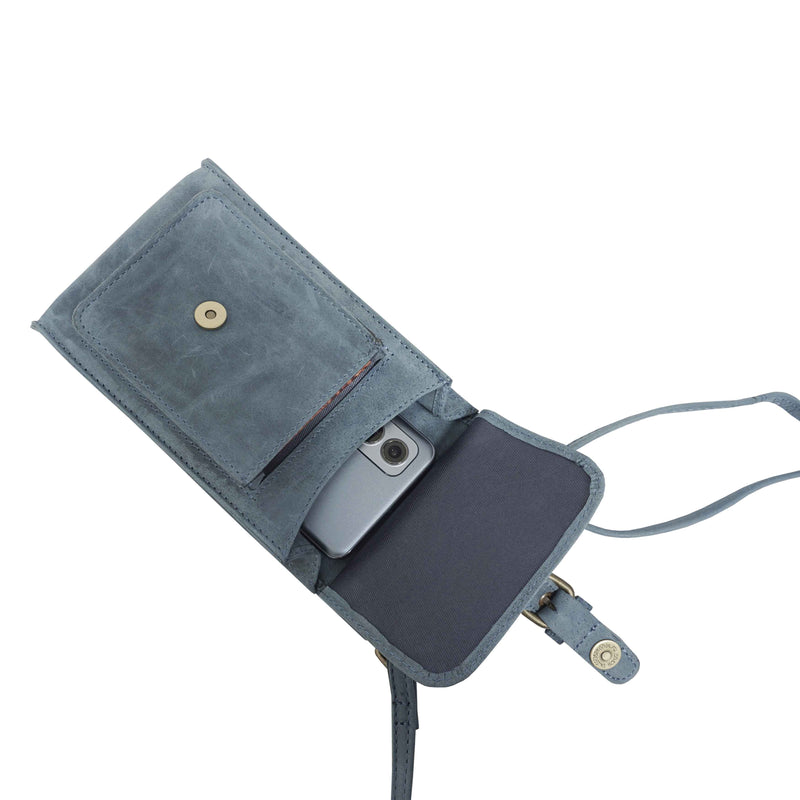 'MYLA' Denim Distressed Real Leather Mobile Phone Crossbody Bag
