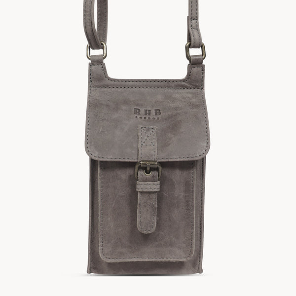 'MYLA' Grey Distressed Real Leather Mobile Phone Crossbody Bag