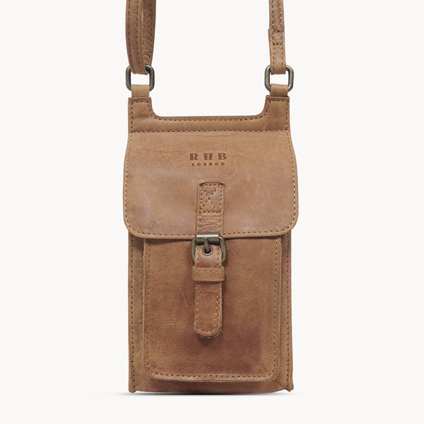 'MYLA' Tan Distressed Real Leather Mobile Phone Crossbody Bag