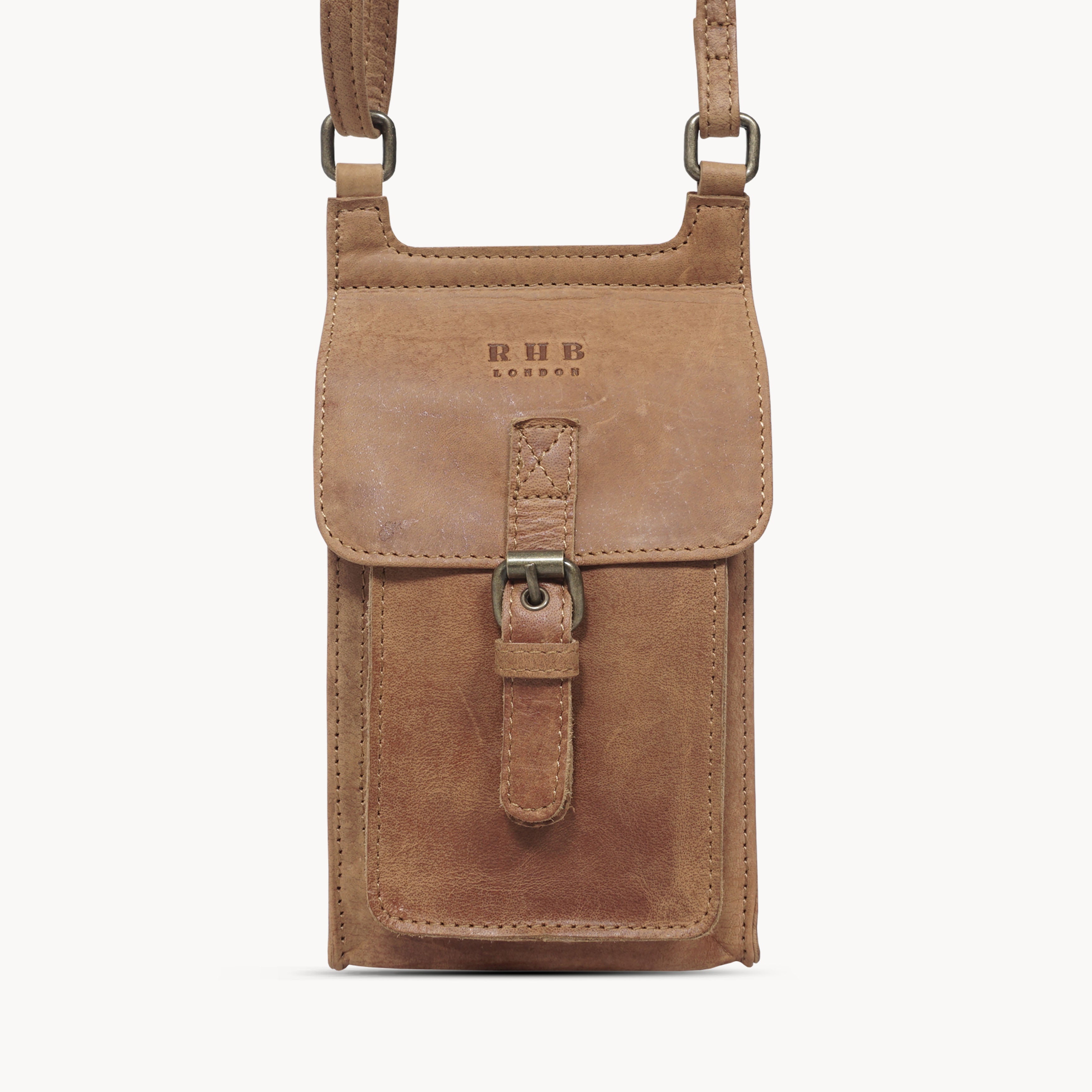 'MYLA' Tan Distressed Real Leather Mobile Phone Crossbody Bag