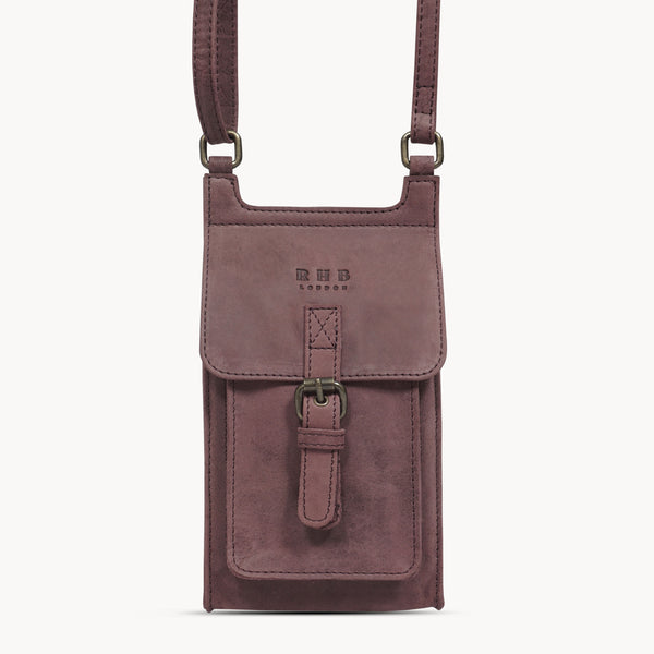'MYLA' Plum Distressed Real Leather Mobile Phone Crossbody Bag