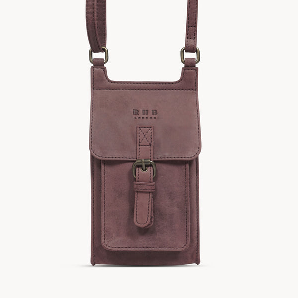 'MYLA' Plum Distressed Real Leather Mobile Phone Crossbody Bag