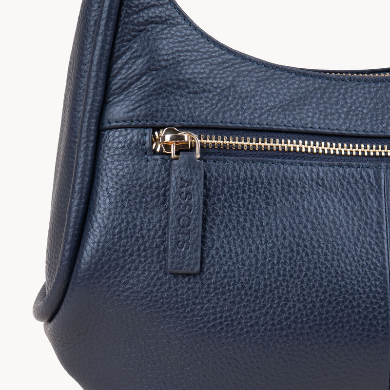 'NATASHA' Navy Pebble Grain Real Leather Shoulder Bag