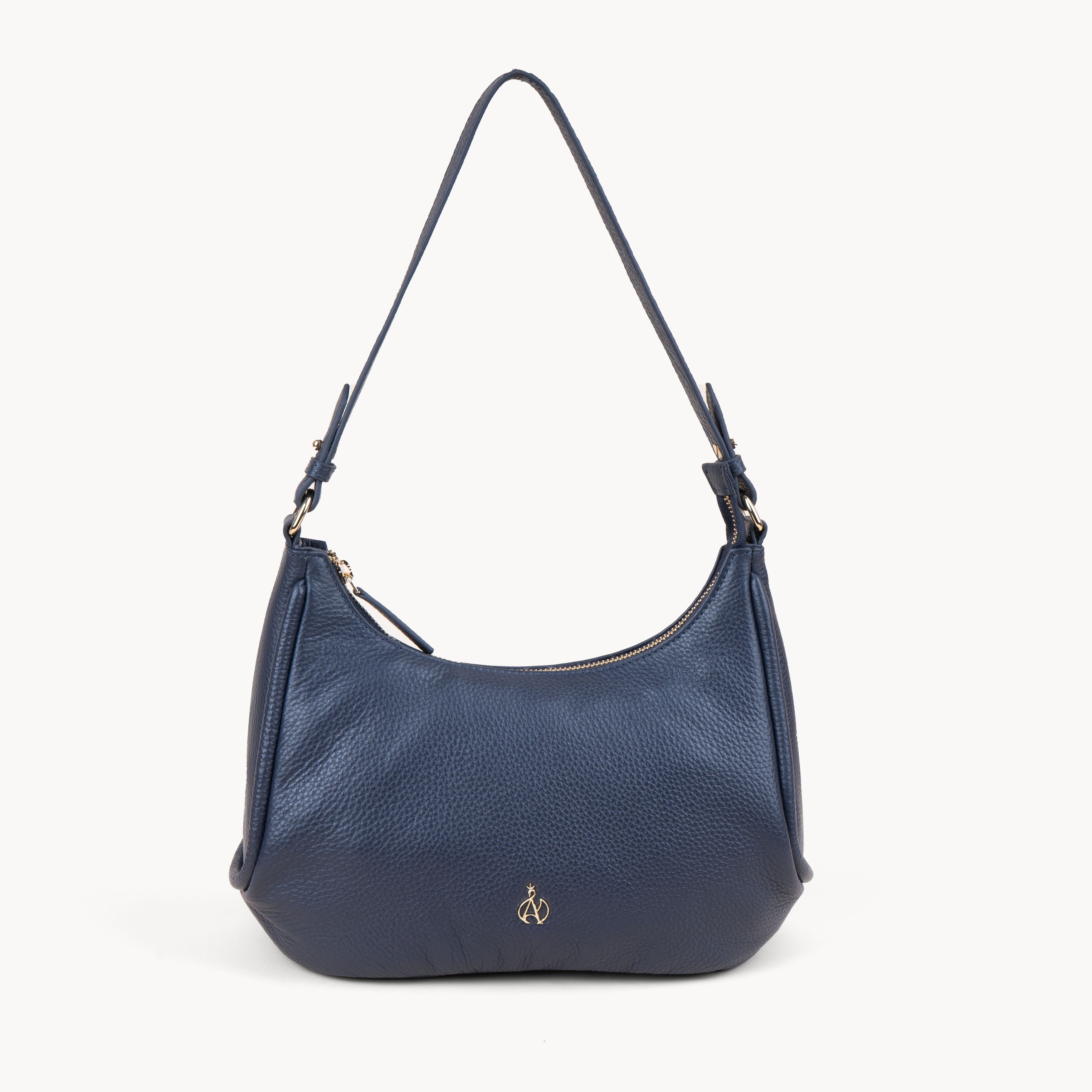 'NATASHA' Navy Pebble Grain Real Shoulder Bag