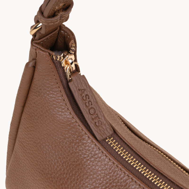 'NATASHA' Tan Pebble Grain Real Leather Shoulder Bag