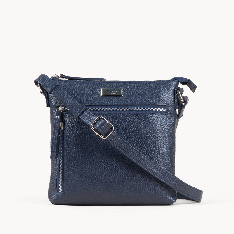 'RUE' Navy Pebble Grain Real Leather Crossbody Bag