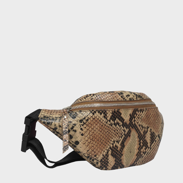 Tan Snake Print Leather Bum Belt Waist Bag Fanny Pack Womens UK