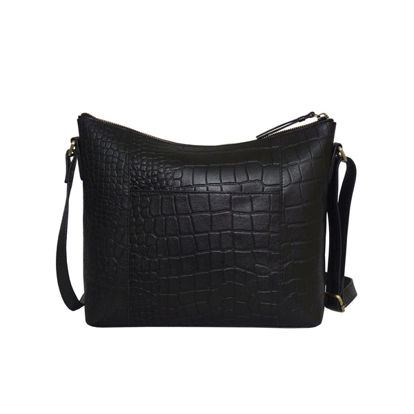 'OLGA' Black Croc Designer Leather Crossbody Shoulder Bag
