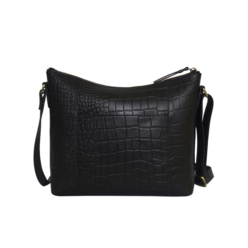 'OLGA' Black Croc Designer Leather Crossbody Shoulder Bag