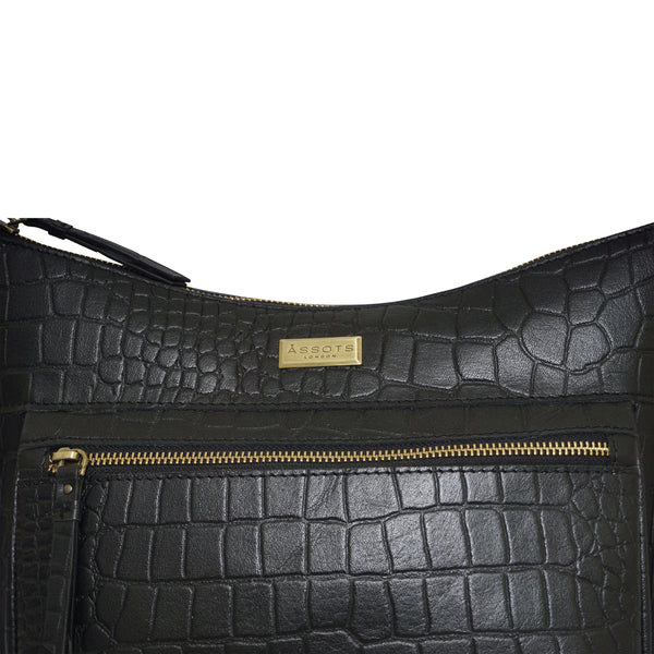 'OLGA' Black Croc Designer Leather Crossbody Shoulder Bag