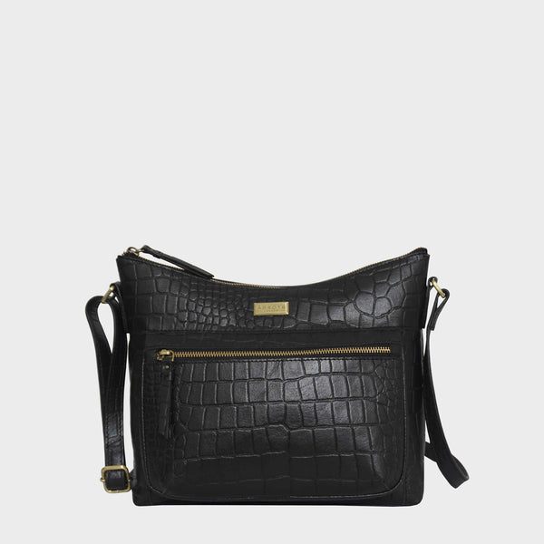'OLGA' Black Croc Designer Leather Crossbody Shoulder Bag
