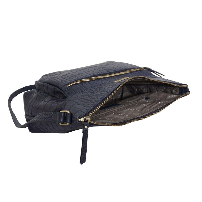 'OLGA' Navy Blue Croc Designer Leather Crossbody Shoulder Bag