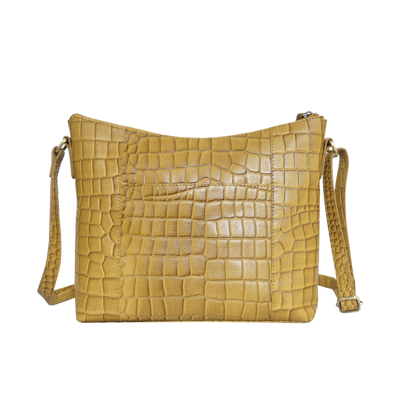 'OLGA' Mustard Ochre Croc Designer Leather Crossbody Shoulder Bag