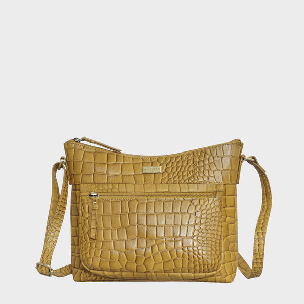 'OLGA' Mustard Ochre Croc Designer Leather Crossbody Shoulder Bag