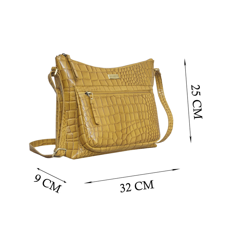 'OLGA' Mustard Ochre Croc Designer Leather Crossbody Shoulder Bag