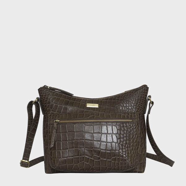 'OLGA' Olive Croc Designer Leather Crossbody Shoulder Bag
