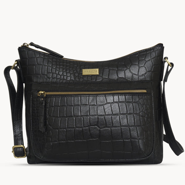 'OLGA' Black Croc Designer Leather Crossbody Shoulder Bag