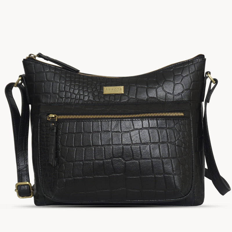 'OLGA' Black Croc Designer Leather Crossbody Shoulder Bag