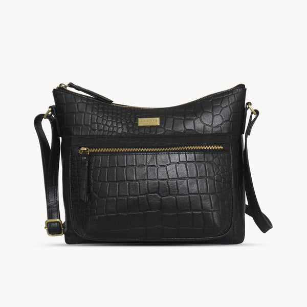'OLGA' Black Croc Designer Leather Crossbody Shoulder Bag