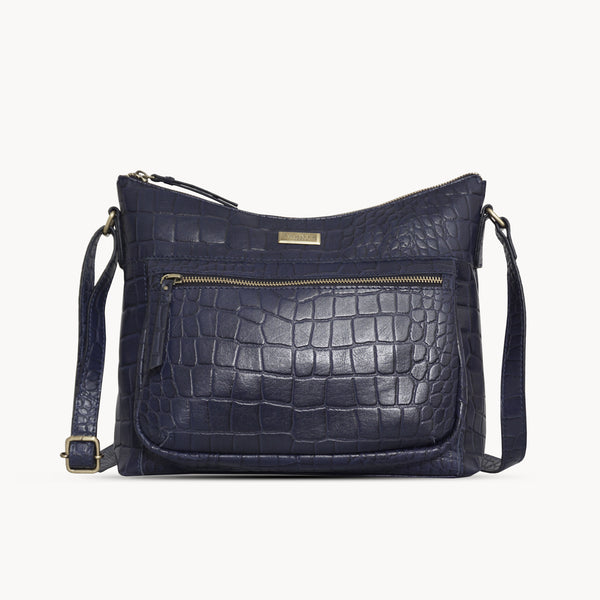 'OLGA' Navy Blue Croc Designer Leather Crossbody Shoulder Bag